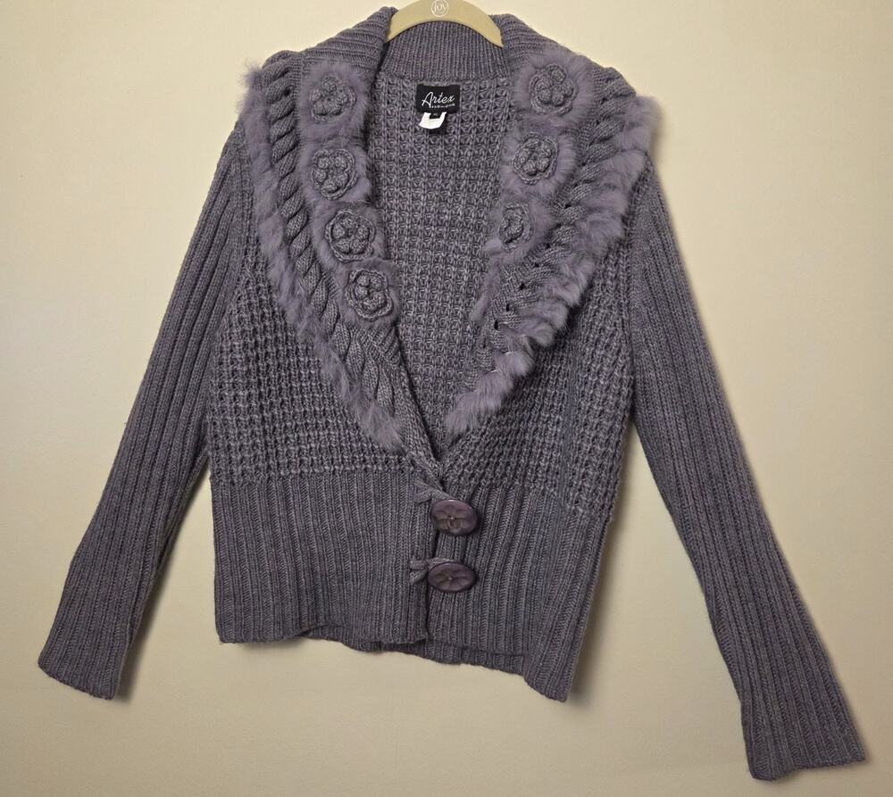 Vtg Artex Y2K Cottagecore Knit Cardigan Sweater Faux Fur Rosette Trim Purple XL